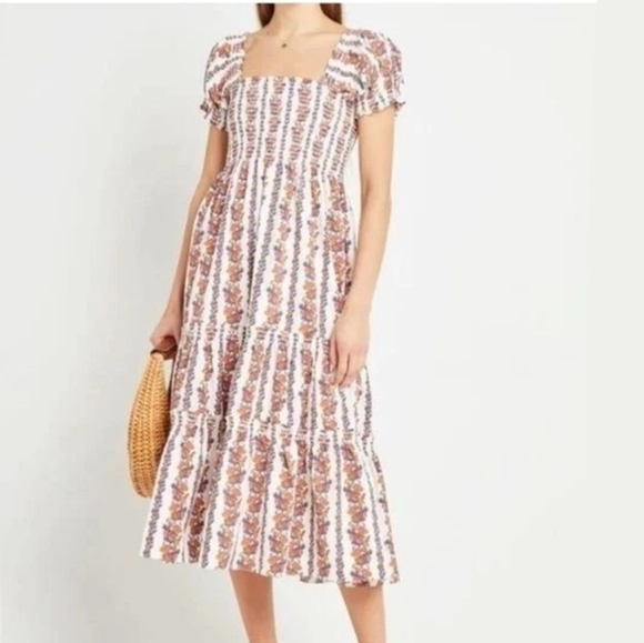 O.P.T. daphne vine smocked square neck floral midi dress M white Ruffled Flowy - Picture 2 of 4